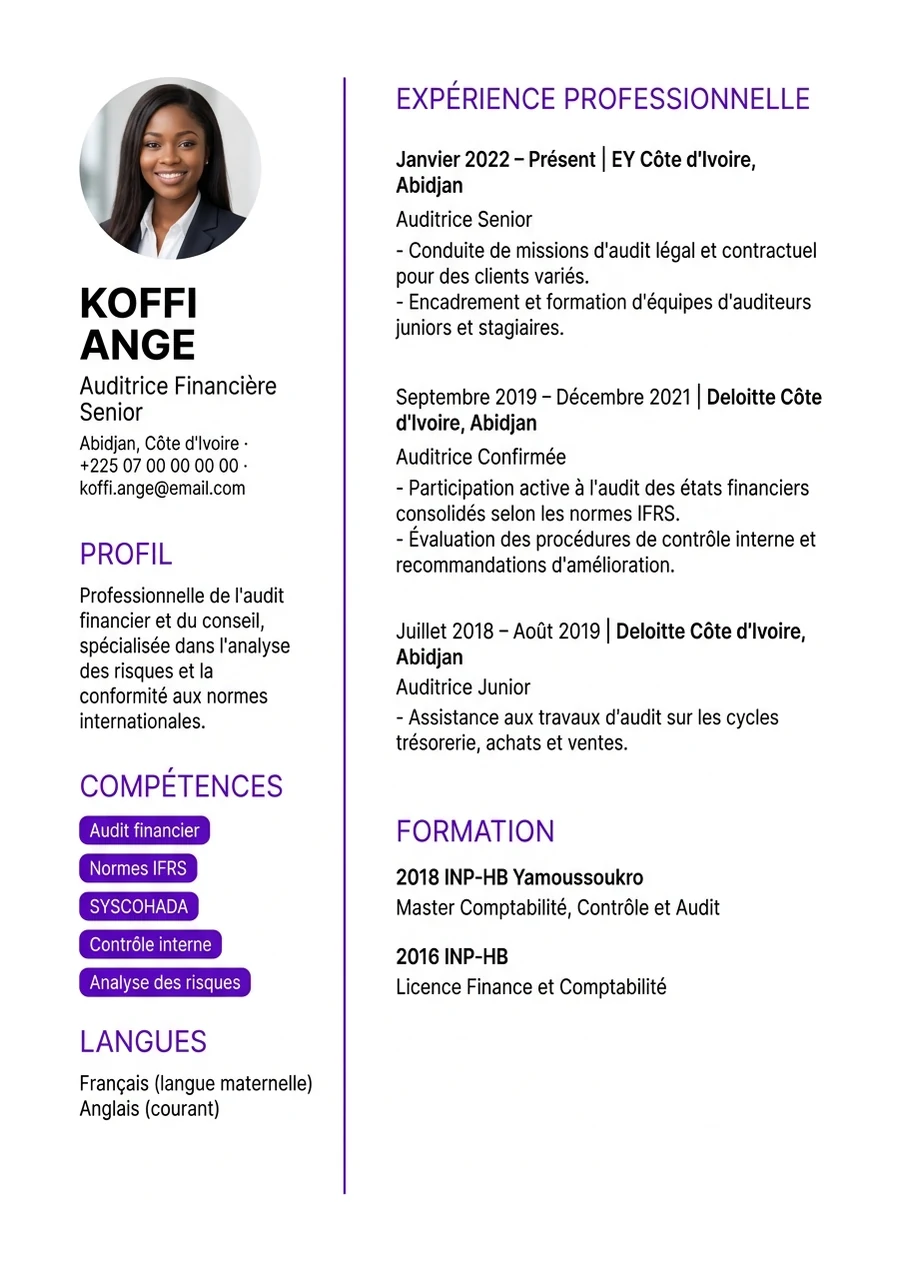 Modèle de CV Classique — exemple d'auditrice financière à Abidjan