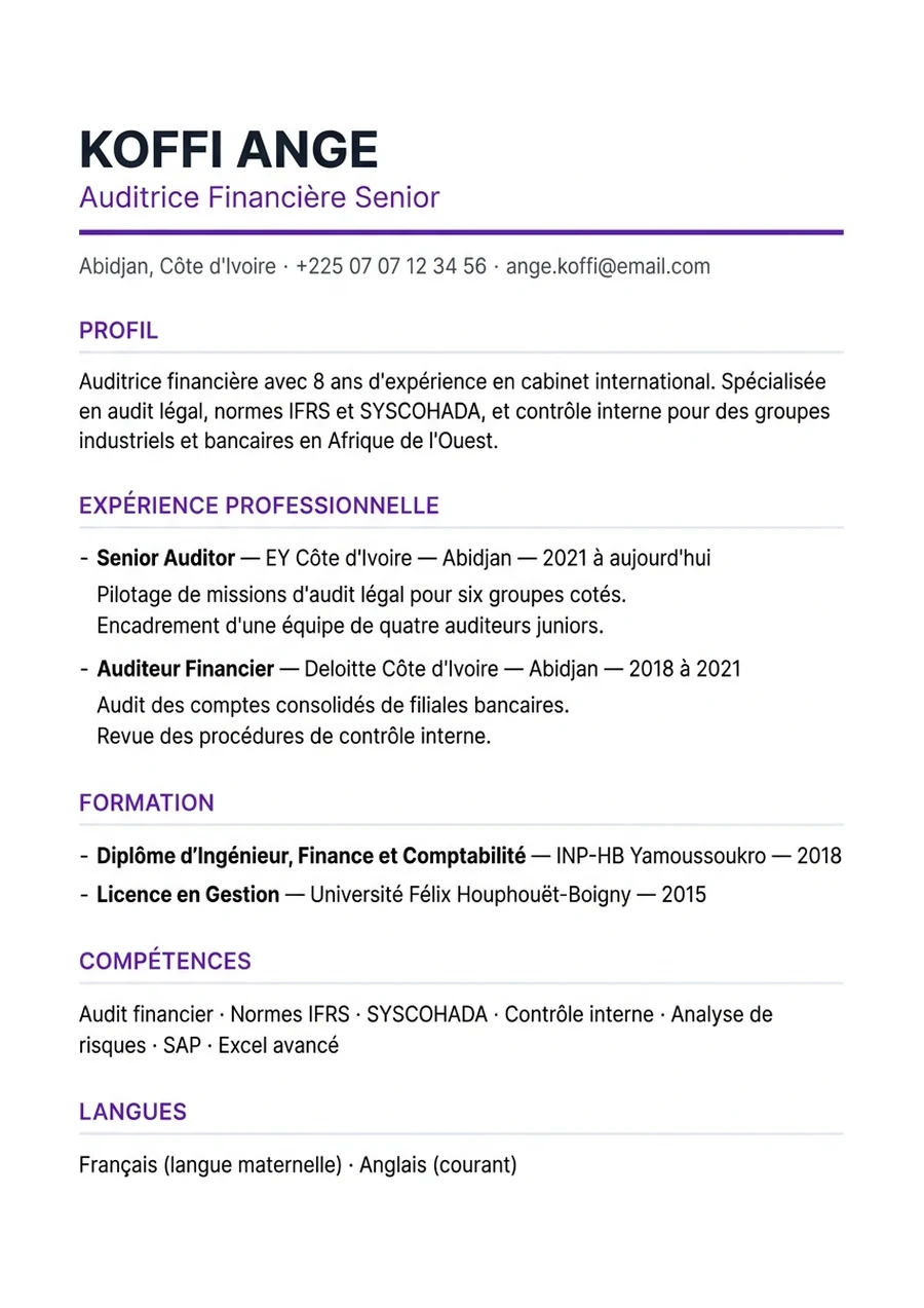 Modèle de CV Épuré, sans photo — exemple d'auditrice financière à Abidjan