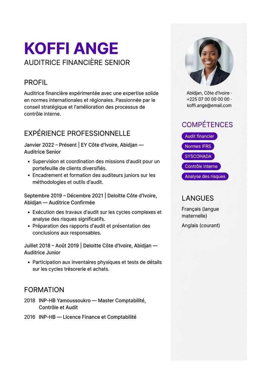 Modèle de CV Élégant — exemple d'auditrice financière à Abidjan