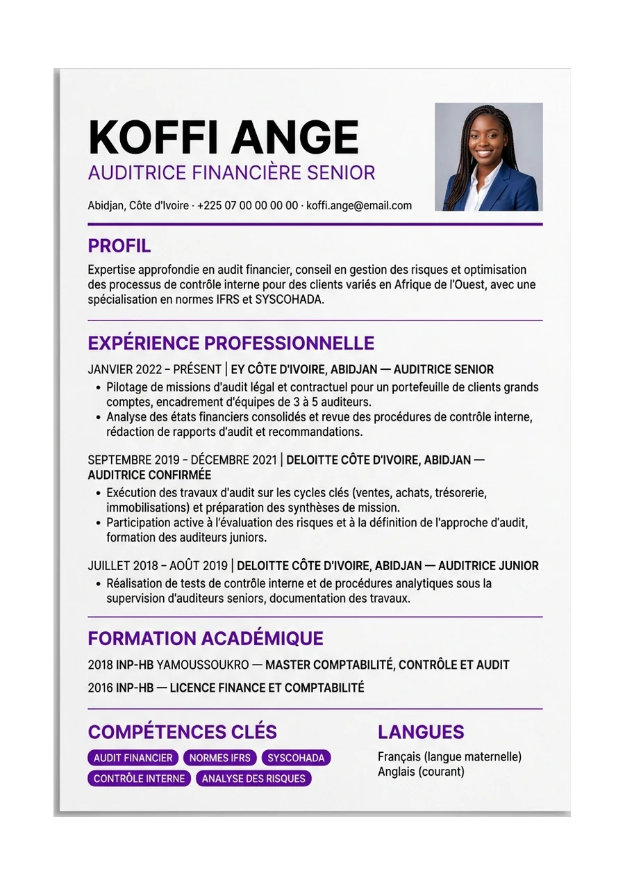 Modèle de CV Professionnel — exemple d'auditrice financière à Abidjan